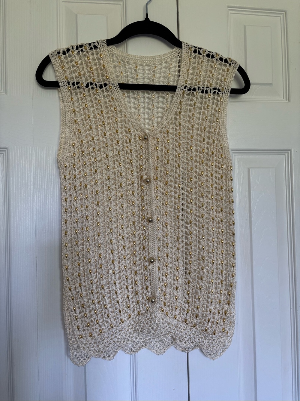 Cream Beaded Crochet Knit Vest Sweater